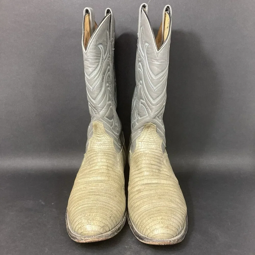 Vintage Tony Lama Lizard Leather Men's 7 Gray/Tan Cowboy Western Boots 8117 12 B